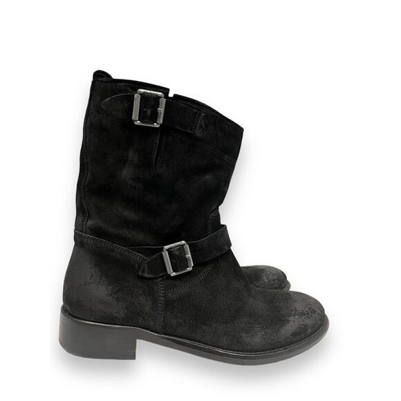 BELSTAFF Black Suede Bedford Buckle Accents Mid Calf Moto Booties Boots 36.5 - Picture 8 of 8